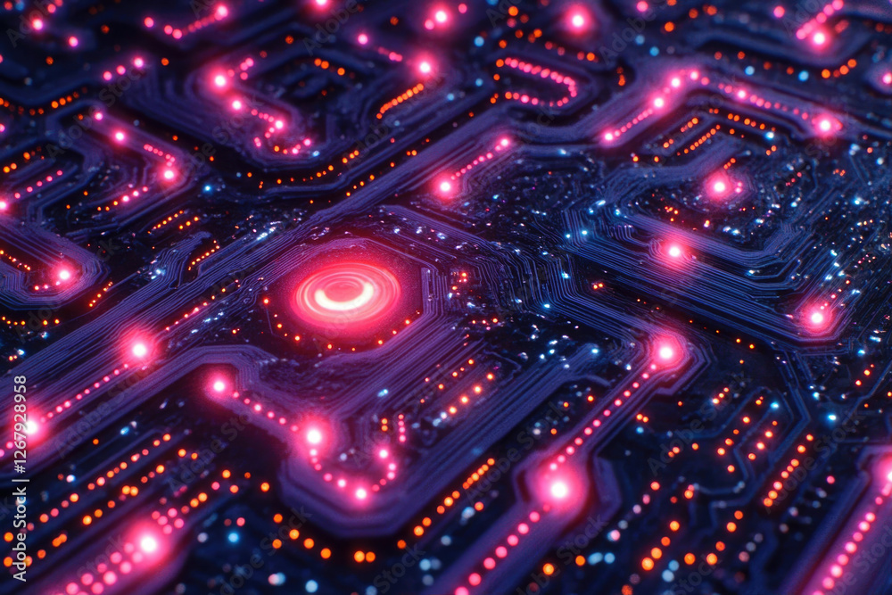 Poster Abstract close-up of a glowing circuit board, showcasing intricate pathways and illuminated nodes.