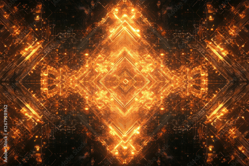 Poster intricate, fiery, symmetrical digital artwork with glowing orange lines and patterns, resembling a c