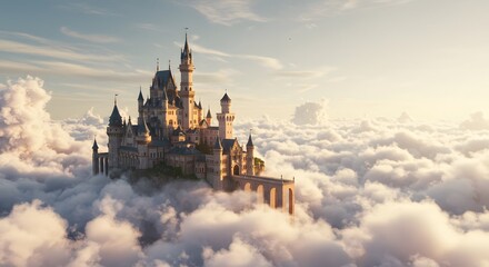 Fototapeta premium Majestic Castle Towering Above Clouds Fantasy Landscape with Warm Light