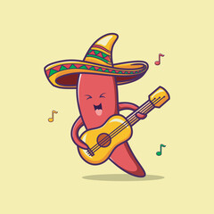 Cute red chili pepper vector playing guitar wearing mexican sombrero hat. Mexican cinco de mayo celebration.