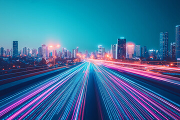 Obraz premium Neon Cityscape: Dynamic Light Trails on Urban Highway