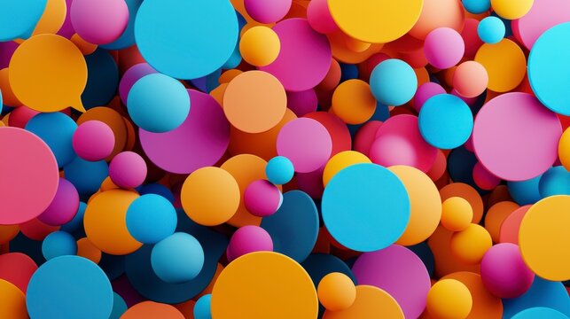This dynamic arrangement showcases 3D circles and bubbles in a variety of colors, creating an abstract representation of unity, vibrance, and the energy of ideas coming together.
