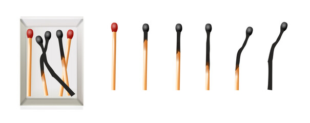 Matchbox, empty package for match sticks in top and perspective view. Realistic mockup of 3d blank box. Stages of burning the match. Symbol of ignition burning. Vector