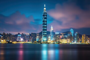 Obraz premium Nighttime City Skyline with Skyscrapers and Reflections in Water Under Blue Sky