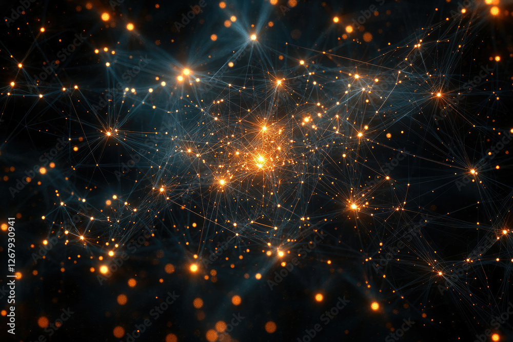 Aufkleber abstract network visualization, glowing nodes interconnected by thin lines, dark background.