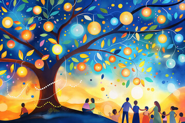 Obraz premium A mesmerizing digital painting of a glowing tree with round luminescent lights, surrounded by people in a dreamlike landscape evoking warmth, unity, and wonder, forefathers