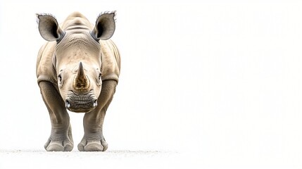 Fototapeta premium Rhino facing camera, white background, wildlife conservation