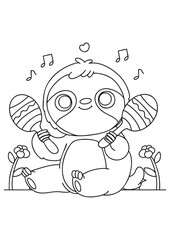 Coloring book cute sloth playing the maracas. Perfect for kids education
