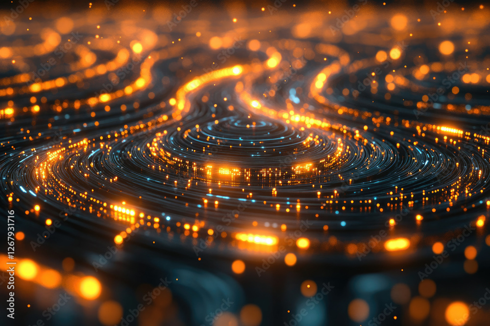 Poster Abstract swirling light trails create a mesmerizing, futuristic digital landscape of glowing energy and data streams.
