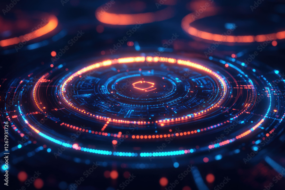 Poster abstract digital art depicting a futuristic circular interface with glowing neon lights in blue and 