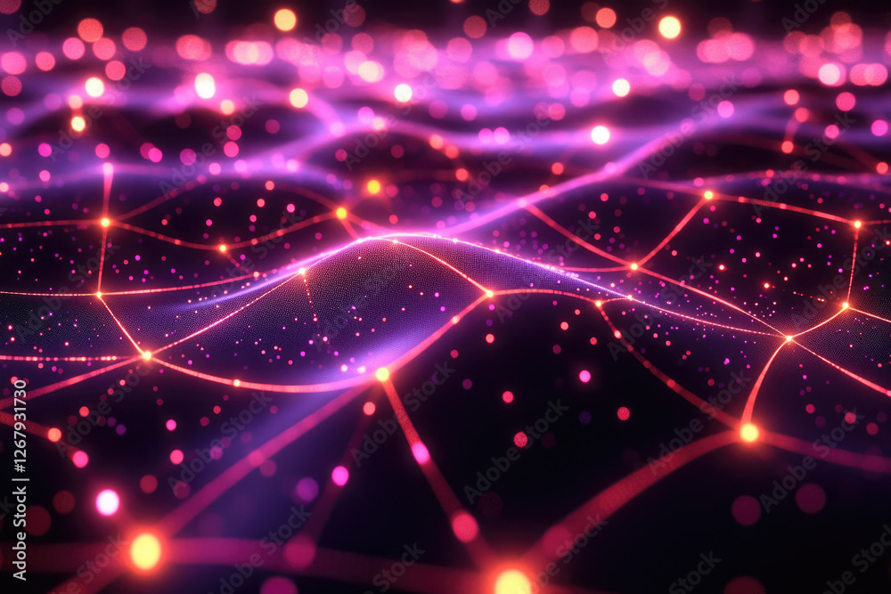 Poster abstract digital network with glowing nodes and connections, forming a wavy landscape.