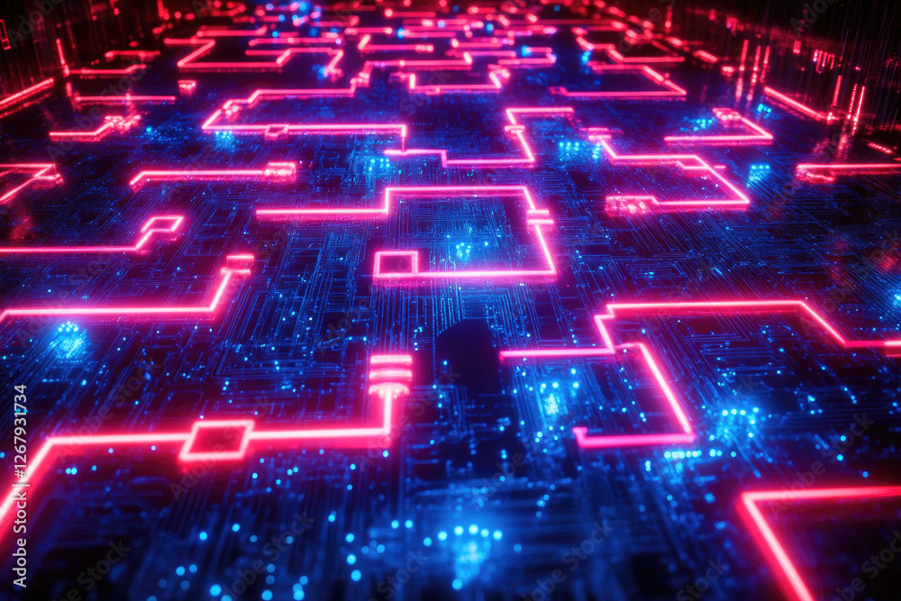 Poster abstract digital circuit board with glowing neon pink and blue lines, representing complex data path