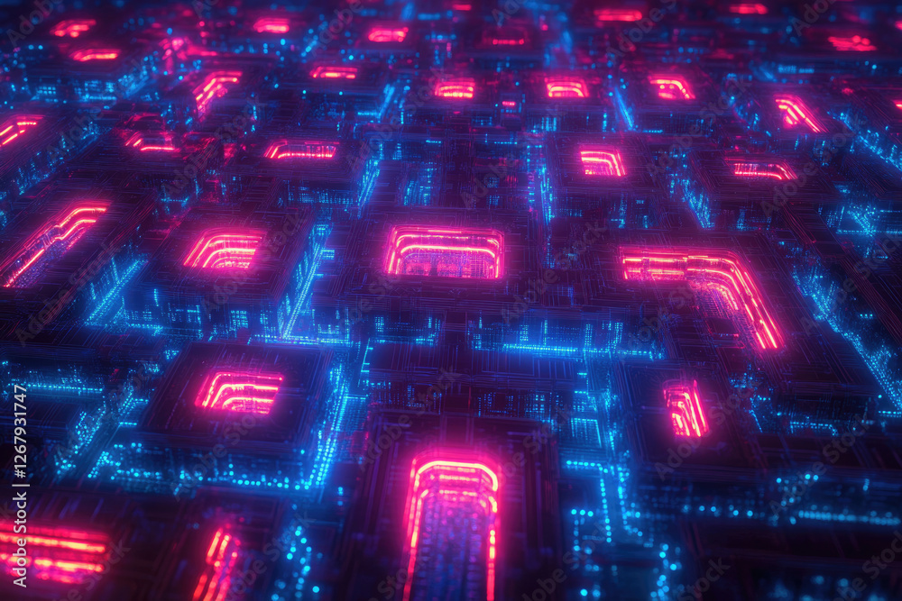 Poster abstract digital landscape with glowing pink and blue circuit board patterns.