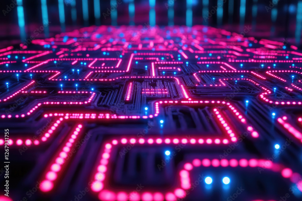 Poster abstract digital circuit board with glowing pink and blue lines, representing technology and connect