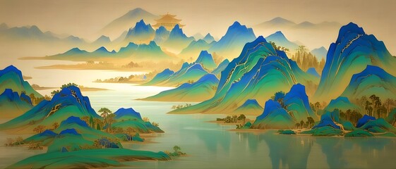 Serene Asian landscape painting, misty mountains, calm lake, wall art