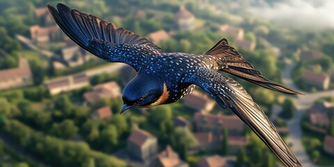 Fototapeta premium A wonderful swallow gracefully glides through the sky over a charming village, showcasing its stunning feathers while embodying the spirit of freedom in spring