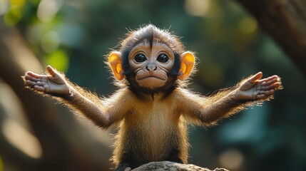Naklejka premium playful baby monkey portrait on jungle tree with spread arms exotic wildlife forest primate small cute animal adorable young mammal tropical nature outdoors