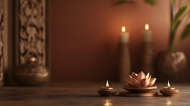 Minimalist Asalha Puja Festival Ornaments and Lotus Flower Arrangements in Warm Brown Ambiance