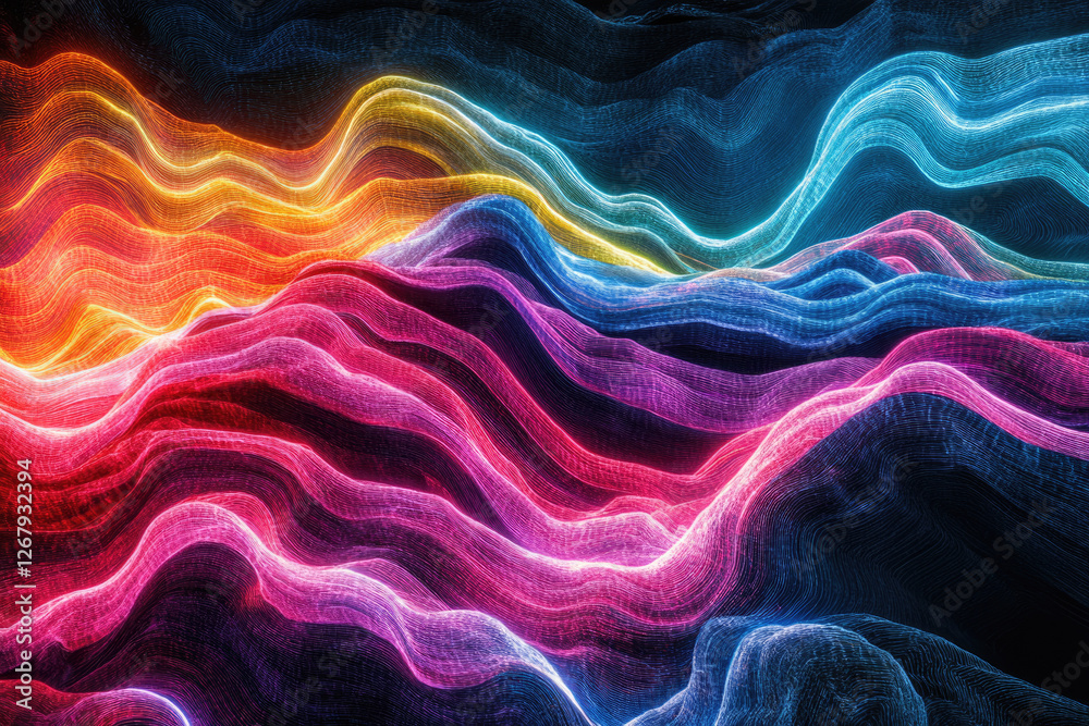 Poster Abstract colorful neon waves flowing in a digital landscape, creating a mesmerizing visual effect.