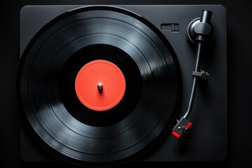 Fototapeta premium Close-up of a Classic Vinyl Record on Turntable with Bright Red Label and Stylus Arm