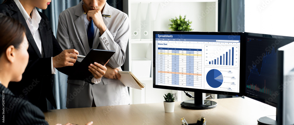Poster spreadsheet document information financial startup concept. data and graphs in spreadsheet documents
