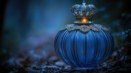 Regal Blue Perfume Bottle In Forest Setting