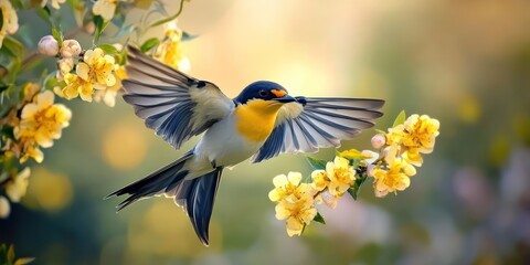 A vibrant bird with a yellow chest flits gracefully among blooming yellow flowers. The scene captures the essence of spring and the joy of flight in nature
