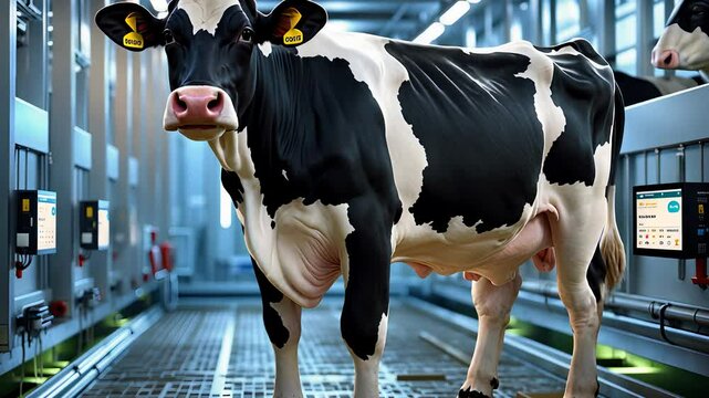 Holstein Cow Standing in a High-Tech Automated Dairy Farm with Digital Monitoring Systems and Modern Equipment

