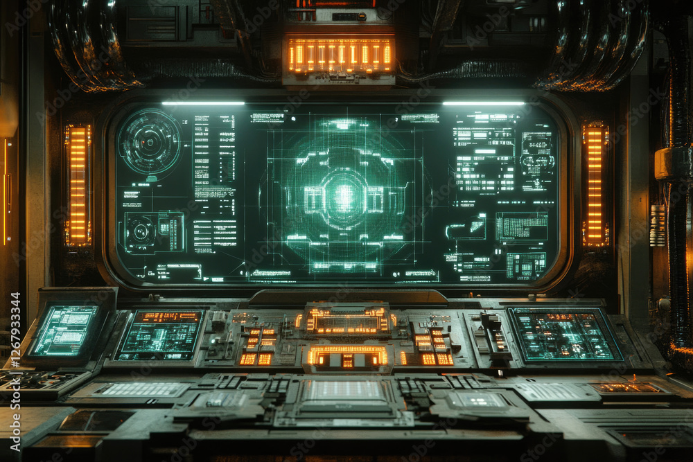 Poster Futuristic spaceship control panel with holographic displays showing various system data and navigational information.