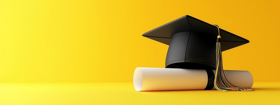 Graduation hat with diploma and books on dark table against white background, yellow background