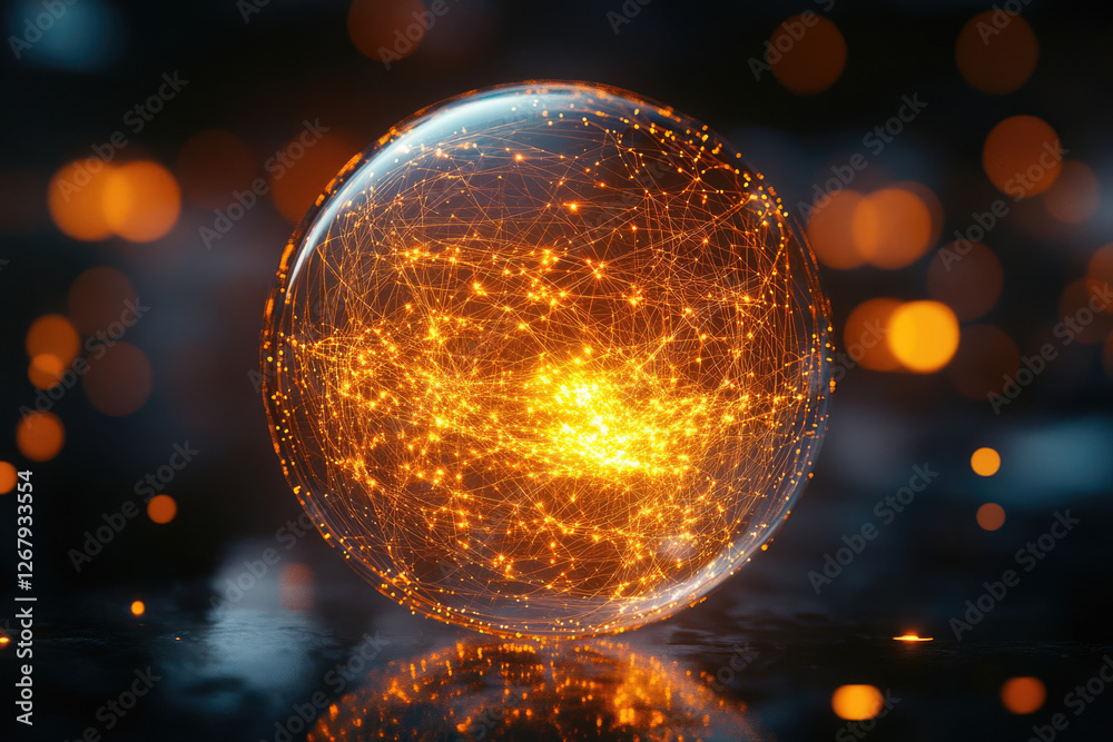 Poster A glowing sphere encapsulates interconnected nodes, symbolizing global networks and digital connectivity.