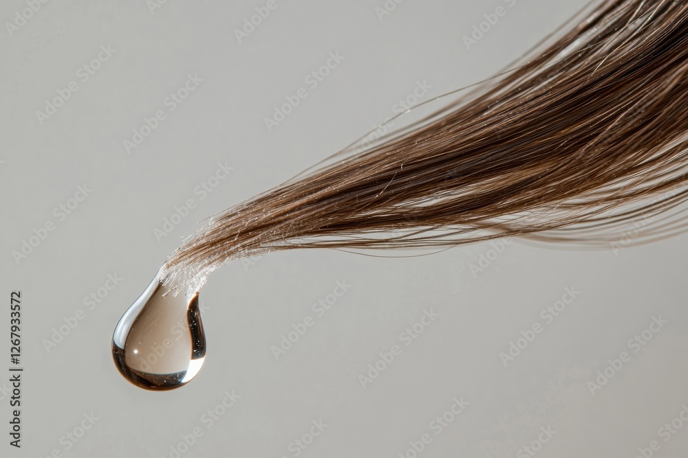 Aufkleber damage caused by a drop of liquid on a strand of hair under natural lighting in a close up view. gen