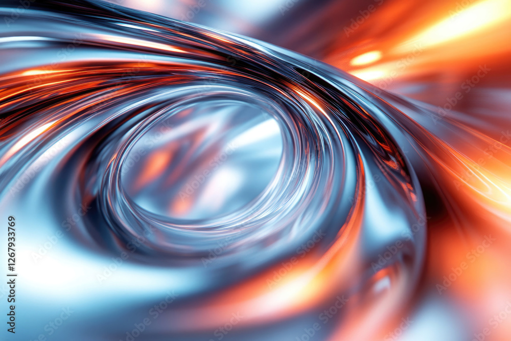 Poster Abstract swirling metallic vortex with vibrant blue and orange hues, creating a dynamic and futuristic visual.