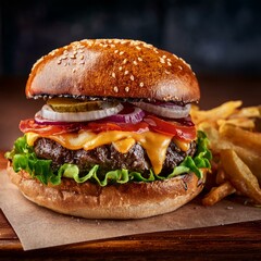 Juicy Grilled Cheeseburger with Melted Cheddar, Fresh Lettuce, Tomato, and Caramelized Onions on a Brioche Bun – Served with Crispy Golden French Fries on Rustic Wooden Board – Realistic Food Photogra