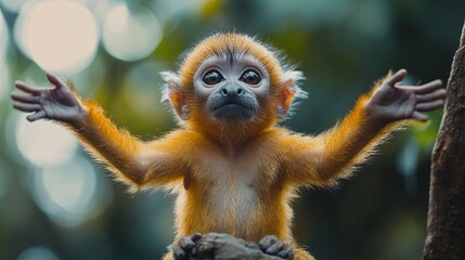 Obraz premium small adorable baby monkey with brown fur standing on tree in forest wildlife with spread arms, highlighting the beauty of young playful primates