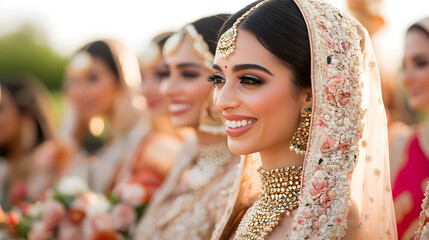 Bride and bridesmaids adorned in traditional dresses, jewelry, and veils at an outdoor celebration, smiling in soft natural light. 