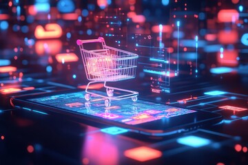 Digital Shopping Cart on Smartphone Screen with Colorful Neon Lights and Data Visualization