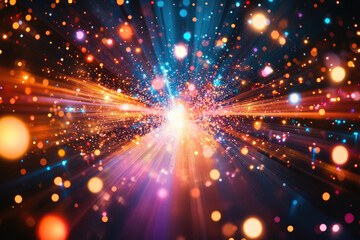 Naklejka premium Vibrant light rays explode from a central point, creating a dazzling, colorful burst of energy and particles.
