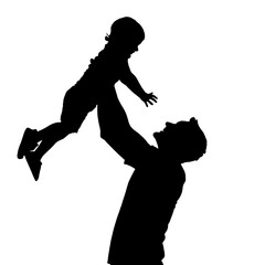 Silhouette of a father lifting his child into the air, both smiling with joy, concept of Father's Day, family bonding, unconditional love, happiness, parent-child connection, trust, nurturing, preciou