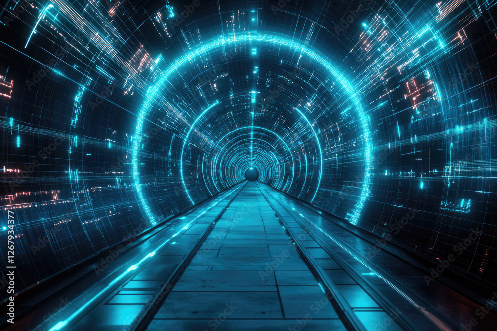 Poster a futuristic digital tunnel, glowing with vibrant teal data streams and concentric rings.