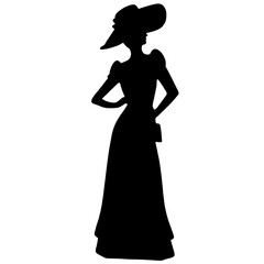 Silhouette of a woman in a wide-brimmed hat and long dress, standing in profile with one hand on her hip, the other relaxed, elegance, fashion, femininity, confidence, and grace in style.