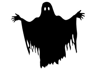 Silhouette of a ghost with raised arms, wearing a torn cloak and two glowing white eyes, Halloween, mystery, and the supernatural, symbolizing fear, mysticism, and spectral presence.