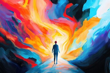 Surreal Pathway Between Colorful Abstract Swirls of Light and Human Silhouette in Dreamlike Landscape