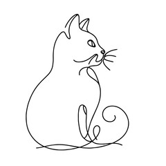 Continuous line drawing of a cat sitting in profile with curved tail, visible ears, eyes, and whiskers, symbolizing grace, independence, and beauty in minimalistic design.