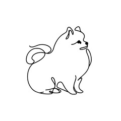 Continuous line drawing of a Pomeranian dog, depicted in profile sitting with a fluffy tail curled over its back, showcasing the companion pet’s cuteness and loyalty in a minimalist design.