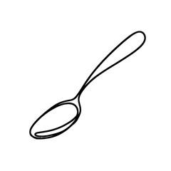 Continuous line drawing of a spoon with a long handle and oval bowl, symbolizing simplicity and elegance in kitchen utensils, minimalist design.