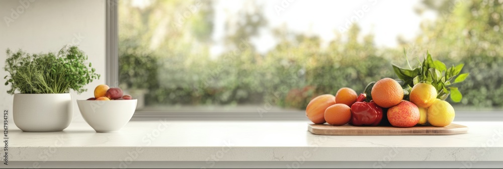 Poster Fresh fruit and herbs displayed on a kitchen counter with natural light streaming through the window. Generative AI
