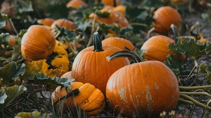 Fototapeta premium Pumpkins ripening in the garden patch.