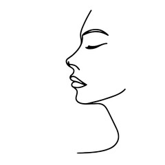 One-Line Drawing of a Woman’s Face in Profile Facing Left with Closed Eyes, Softly Defined Lips, and a Delicate Neckline in a Minimalist Art Style