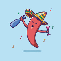 Cute red chili pepper vector is singing while wearing a Mexican sombrero hat. Mexican cinco de mayo celebration.